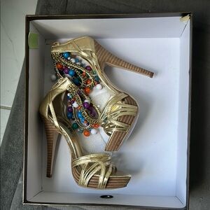 Gold Beaded Women's Heels size 5 Bebe size 6  Tahari red shoes.